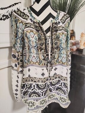 Hale Bob Silk Embellished V-Neck Top Women's Medium Bohemian Embellished